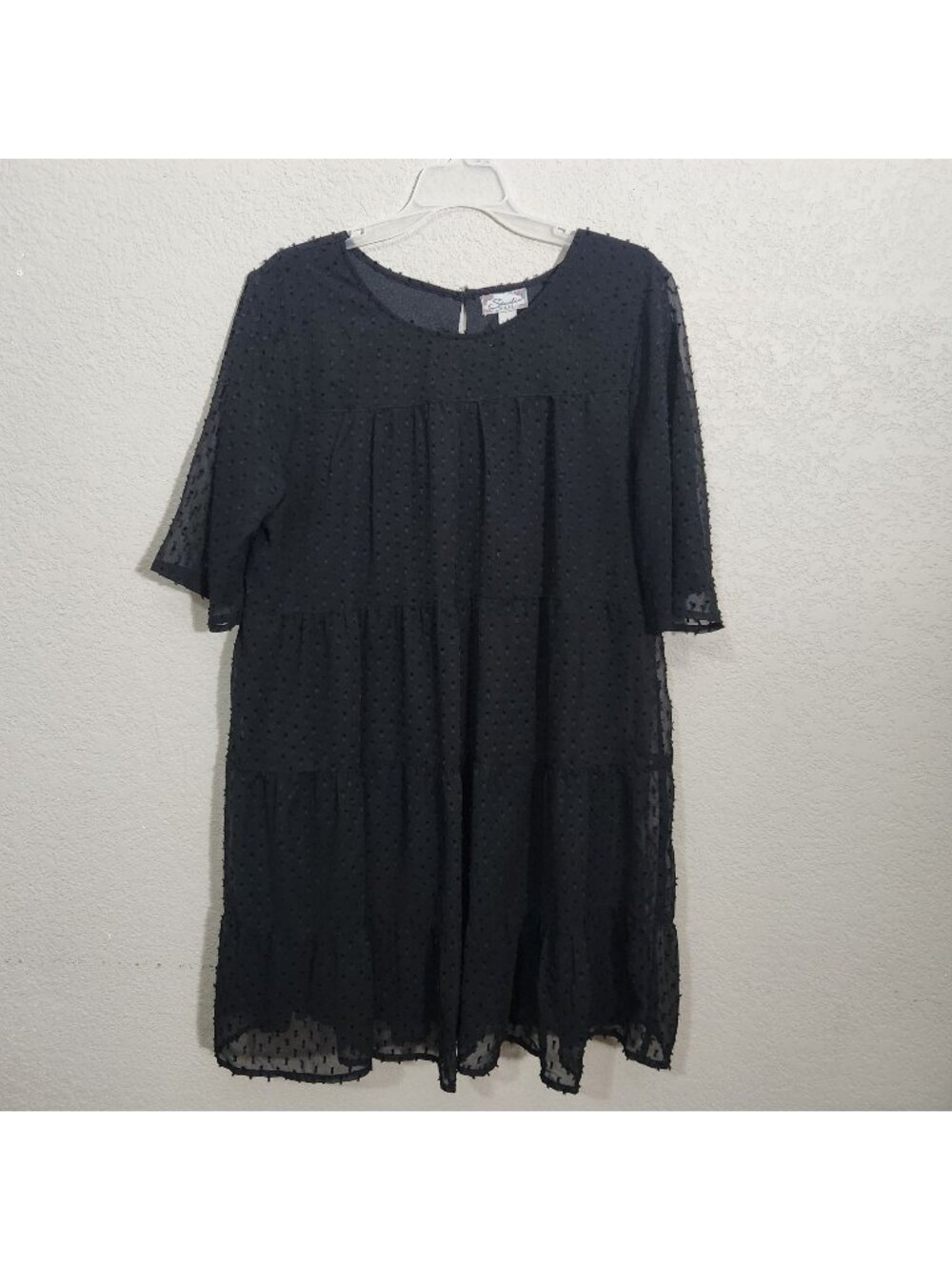 Studio West Black Textured Sheer Tiered Dress 3/4 Sleeves Size Large
